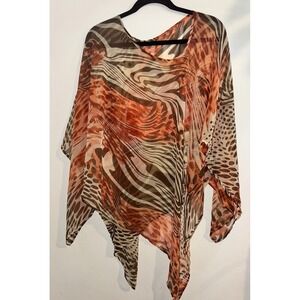 Orange Brown Animal Print Sheer Poncho Top Zebra Leopard Boho READ